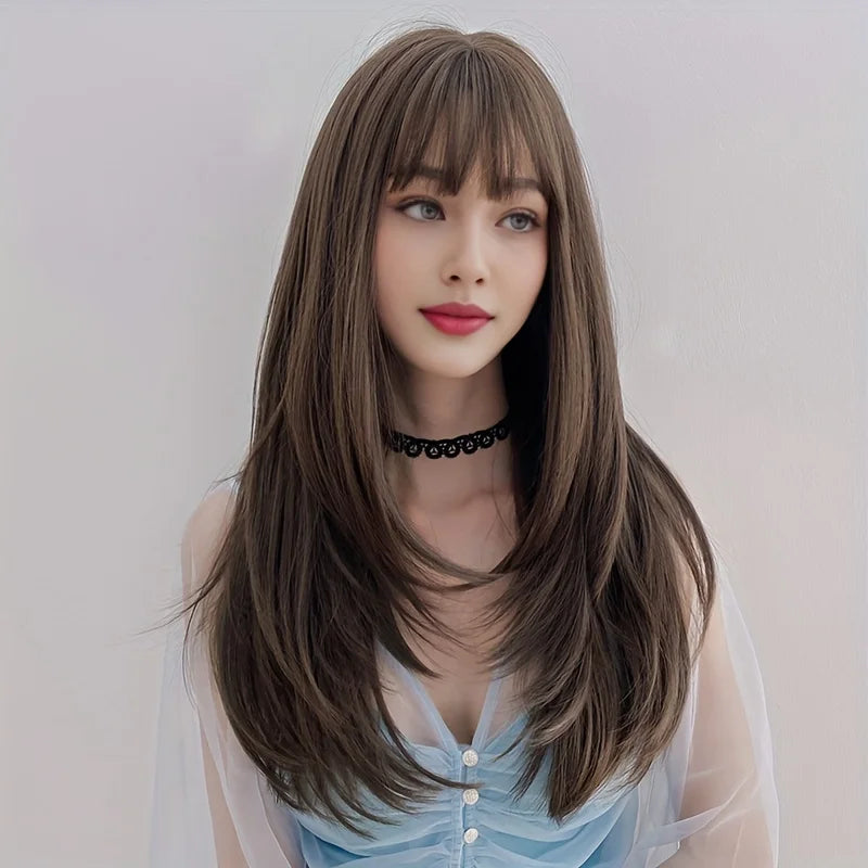 Long straight brown synthetic wig with bangs, high density, voluminous, heat-resistant, suitable ladies for party and daily wear