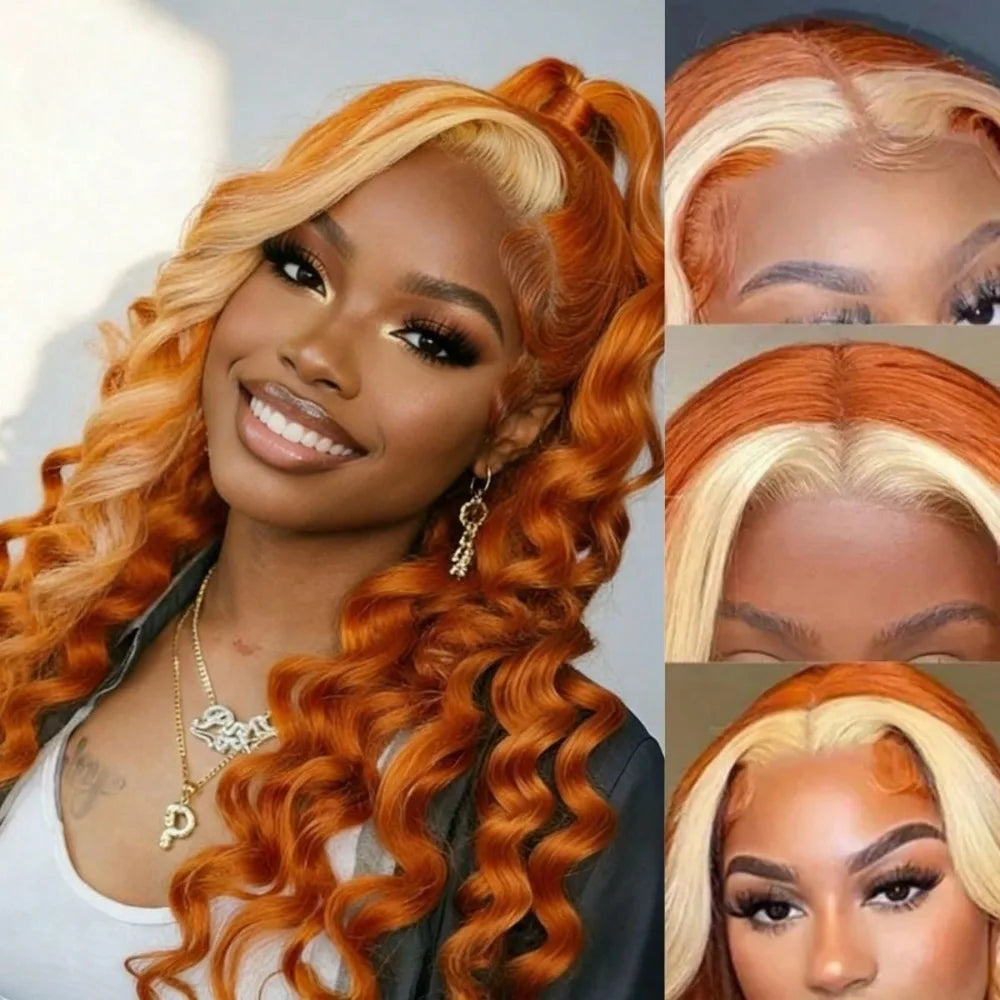 Highlight Orange Color Body Wave 13x4 Hd Lace Front Human Hair Wig Preplucked Deep Wave Ginger Lace Front Curly Wigs 200 Density