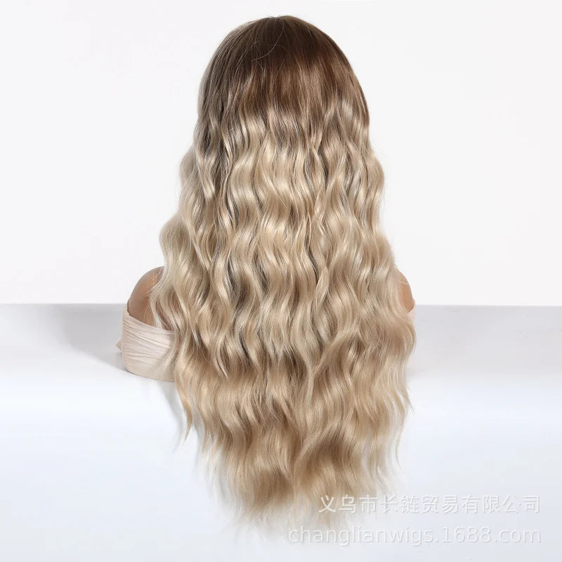 60cm European and American style women's , long curly hair, light golden water wave wig, with two braids dyed at the top