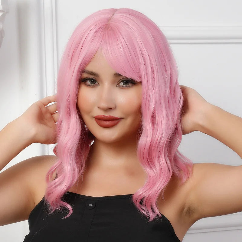 Water Wave Wig Cap Colorful Daily Style Short Hair Fluffy Thin Bangs Wig Cap Short Curly Hair Fake Bangs