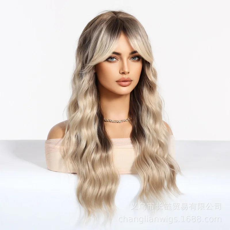 60cm European and American style women's , long curly hair, light golden water wave wig, with two braids dyed at the top