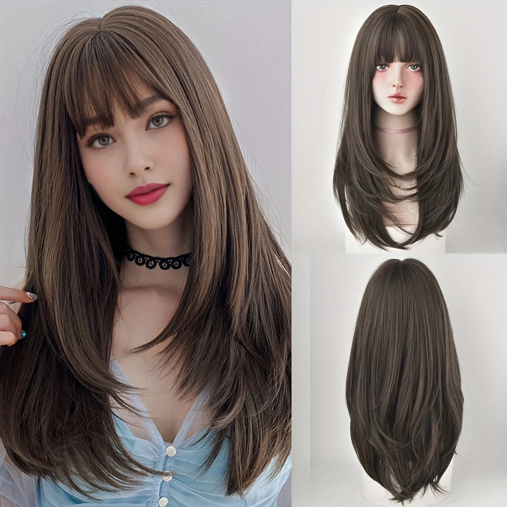 Long straight brown synthetic wig with bangs, high density, voluminous, heat-resistant, suitable ladies for party and daily wear