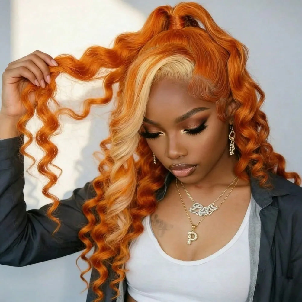 Highlight Orange Color Body Wave 13x4 Hd Lace Front Human Hair Wig Preplucked Deep Wave Ginger Lace Front Curly Wigs 200 Density