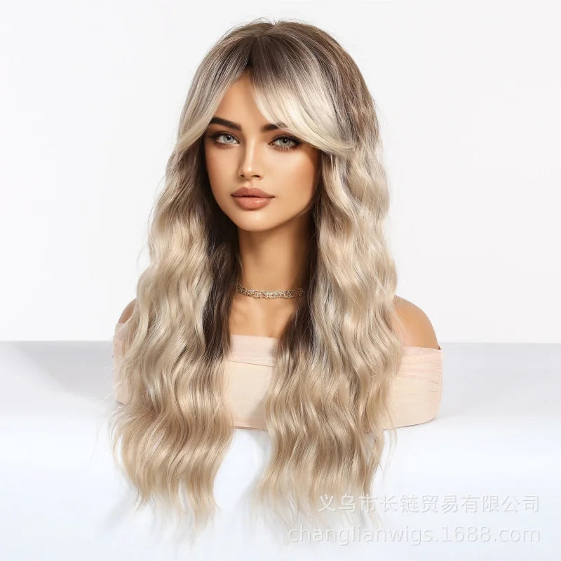 60cm European and American style women's , long curly hair, light golden water wave wig, with two braids dyed at the top