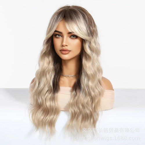 60cm European and American style women's , long curly hair, light golden water wave wig, with two braids dyed at the top