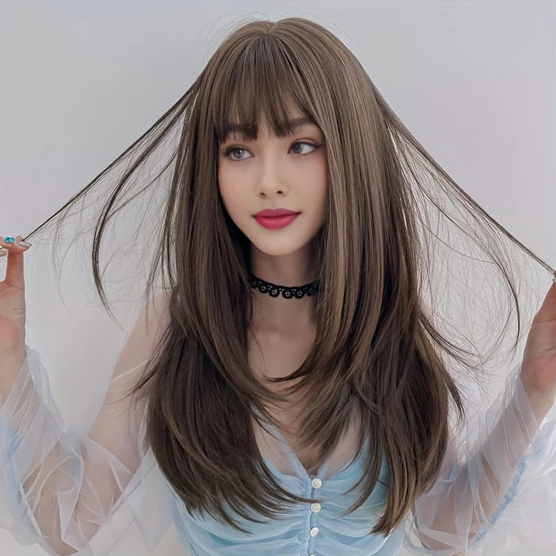 Long straight brown synthetic wig with bangs, high density, voluminous, heat-resistant, suitable ladies for party and daily wear